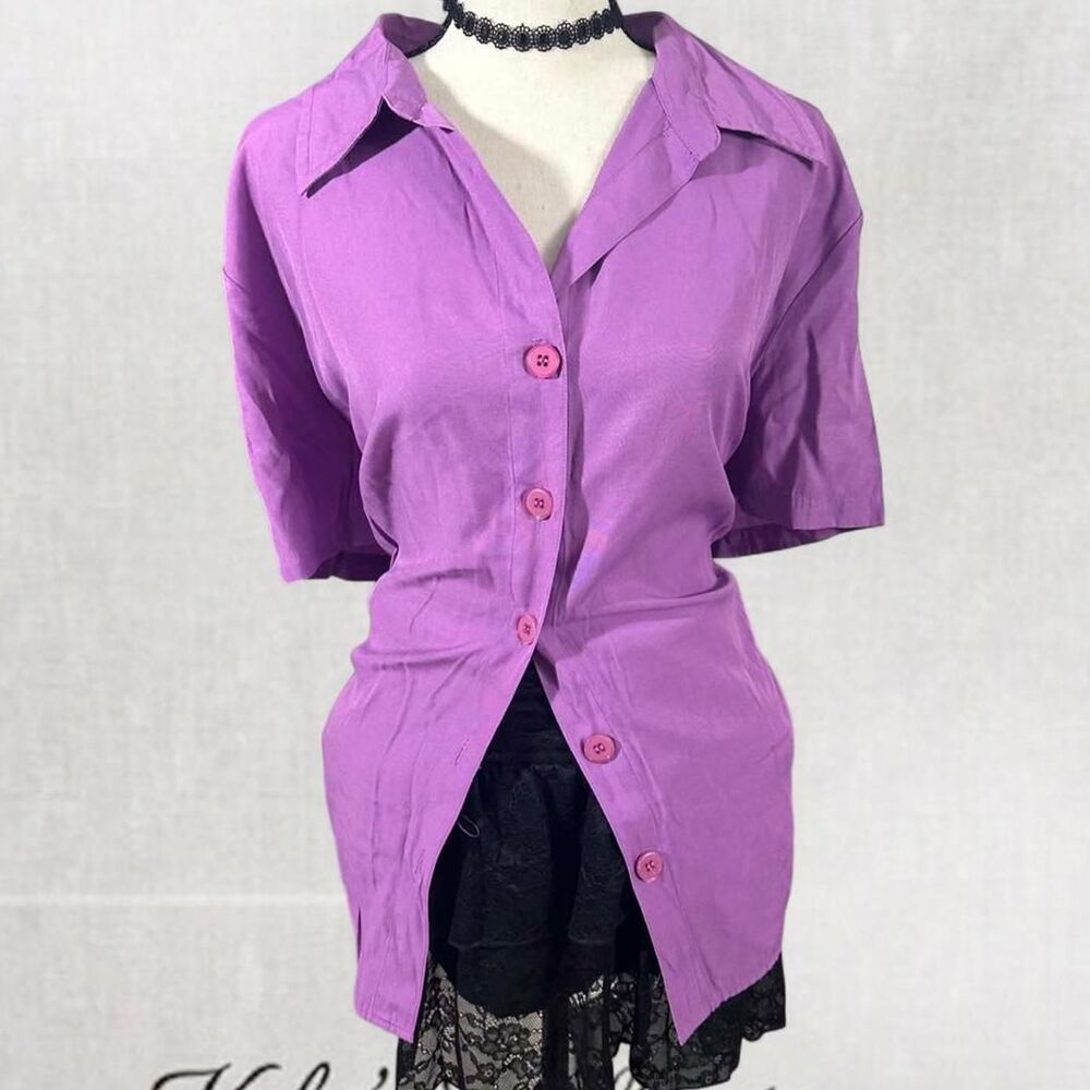 Office Chic Style Collared Purple Button Up Top